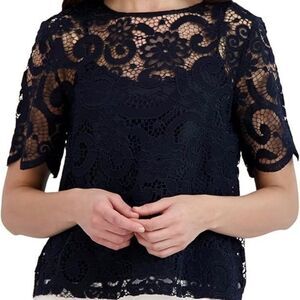 Nanette Lepore Navy Blue Lace Overlay Short Sleeve Top Large